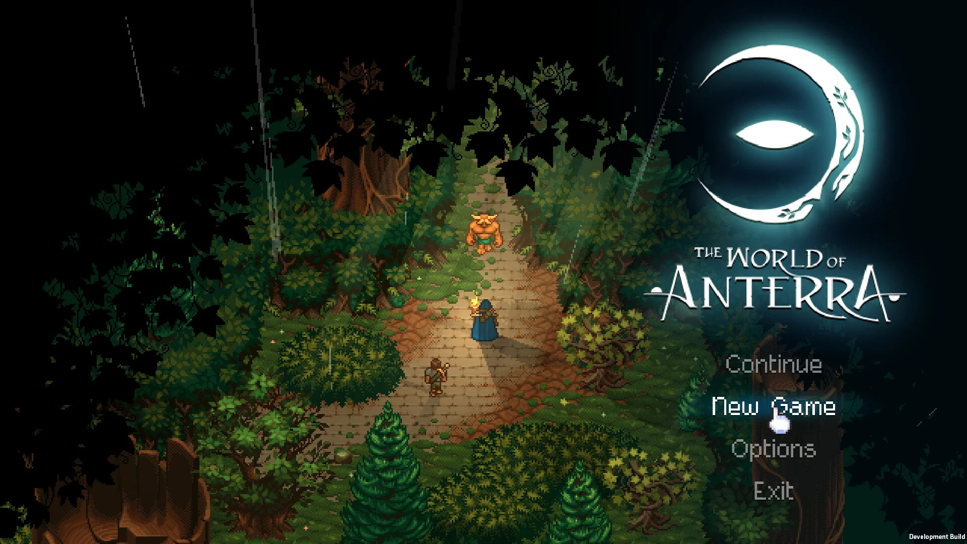 World of Anterra title screen with the white game logo over a dark forest, a lantern-bearing traveler, and game menu options.